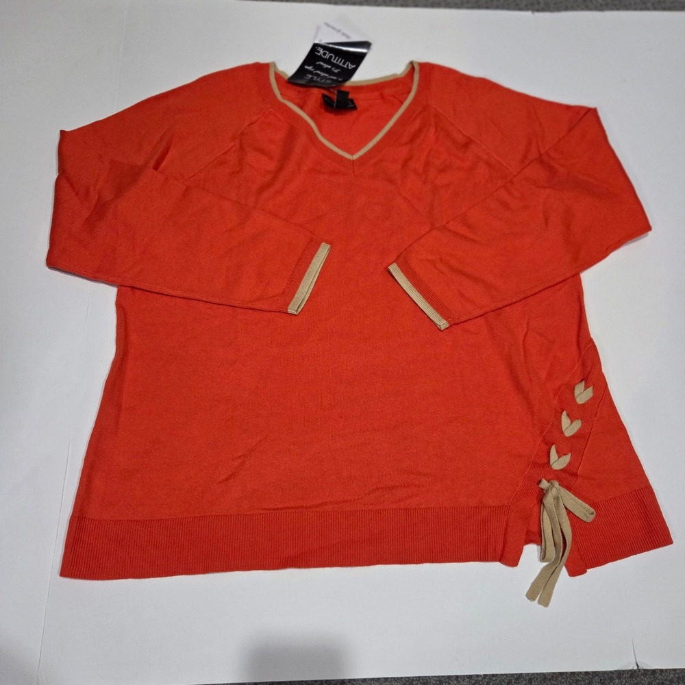 Attitudes by Renee Sweater Women 1X Orange NWT Lace Up Side V-Neck Knit Top